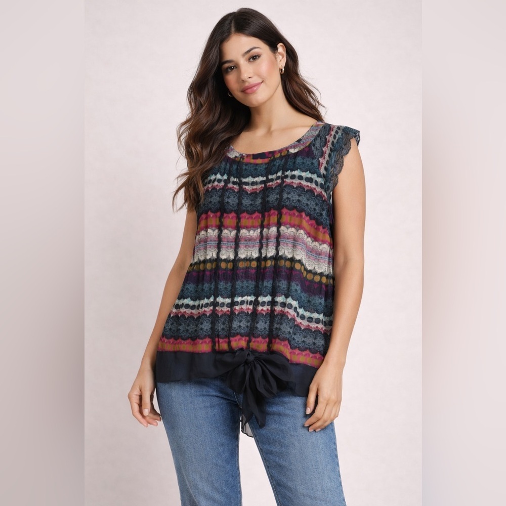 Odille x Anthropologie Silk Blouse Size 10 with Lace Detail Sheer Boho Chic